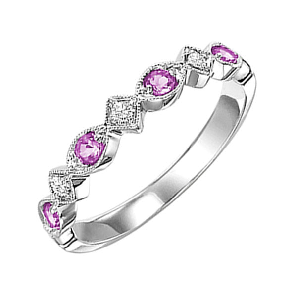 10K White Gold Pink Sapphire Diamond Stackable Ring