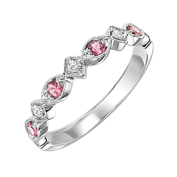 10K White Gold Pink Tourmaline Diamond Stackable Ring