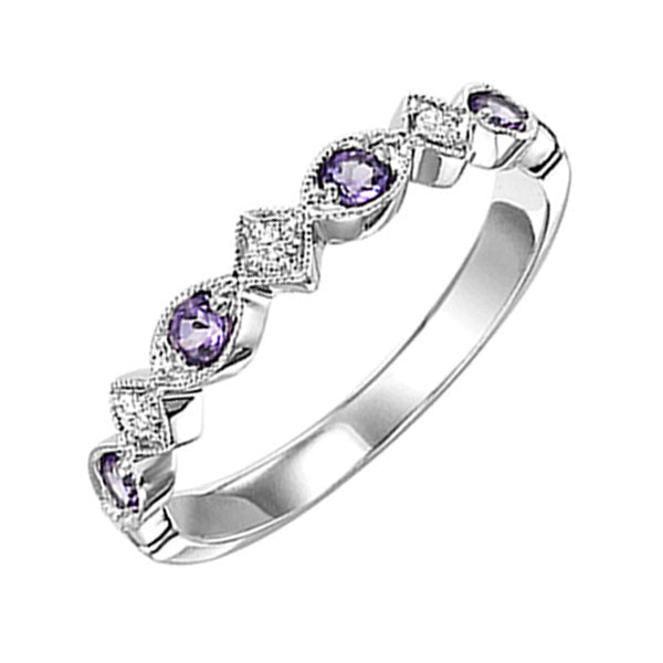 10K White Gold Amethyst Diamond Stackable Ring